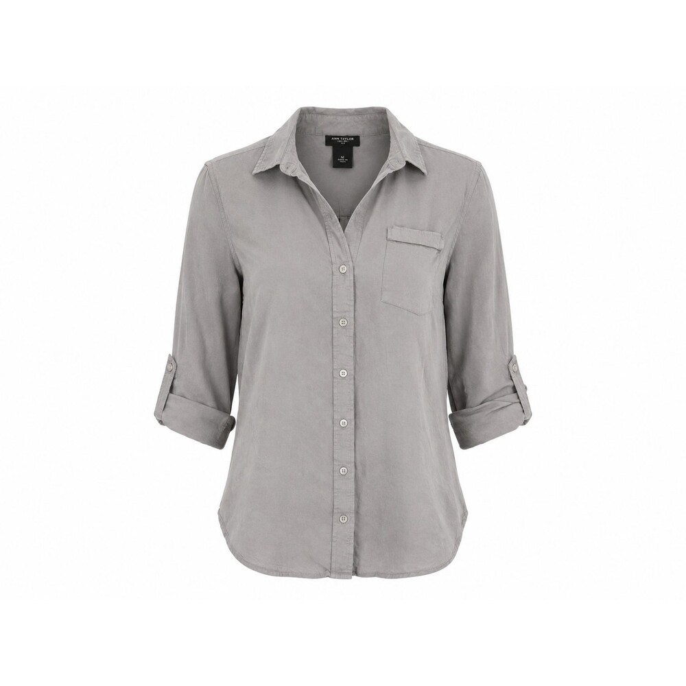 Ann Taylor Women's Gray Button Front Roll Tab Sleeve Blouse Shirt Size Medium